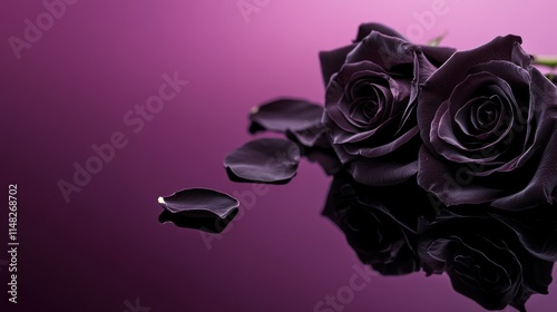 Two dark purple roses with scattered petals reflected on a shiny surface. photo