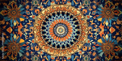 A colorful design with a blue center and orange and yellow edges. The design is a circle. The circle is surrounded by a blue border
