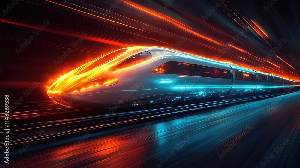 Futuristic high-speed train speeding through a dark tunnel with vibrant light trails. Futuristic high-speed train speeding through a dark tunnel with vibrant light trails.