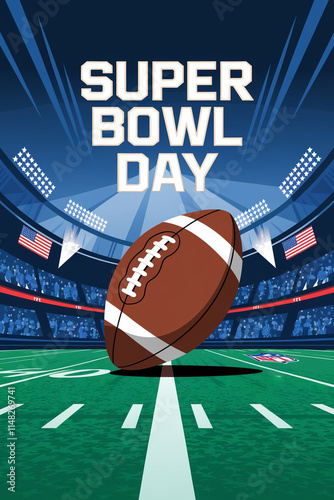 A poster with text super bowl day football in stadium