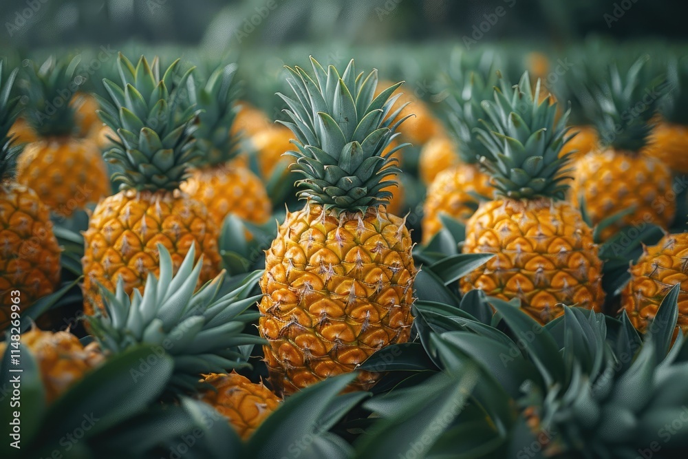 Obraz premium Ripe Pineapples Growing In A Lush Green Field