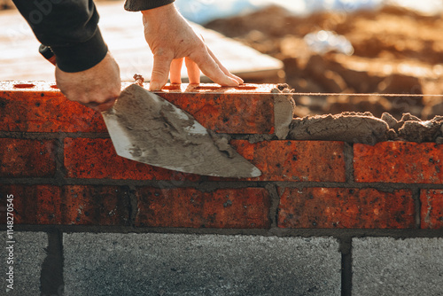 Skilled bricklayer laying bricks for a construction project at a building site in daylight photo