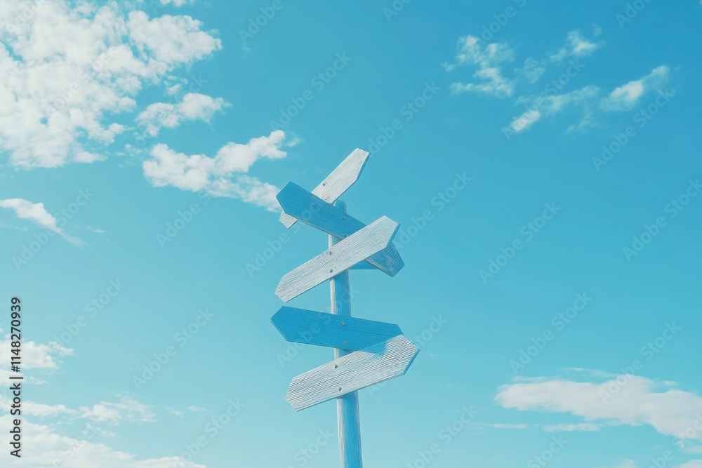 A clear, bright blue sky with multiple directional signs in varying shades of blue, each pointing towards different adventure-filled destinations, symbolizing the endless possibilities for exploration A clear, bright blue sky with multiple directional signs in varying shades of blue, each pointing towards different adventure-filled destinations, symbolizing the endless possibilities for exploration
