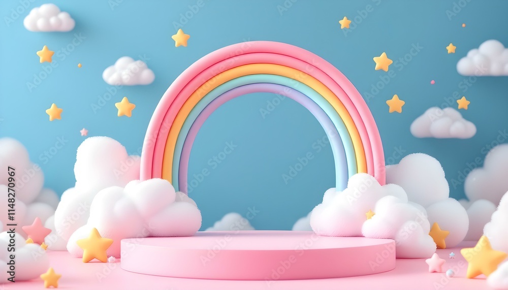 Background podium baby cute product 3d cloud kid children display banner room toy design blue. Podium scene background rainbow baby stand studio presentation shower template stage poster sky Background podium baby cute product 3d cloud kid children display banner room toy design blue. Podium scene background rainbow baby stand studio presentation shower template stage poster sky