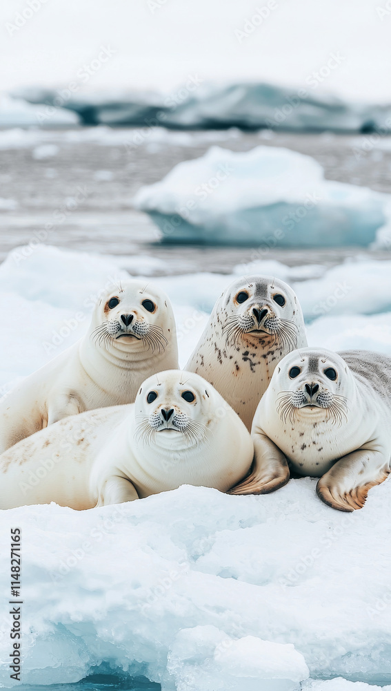 Seals resting on ice in serene arctic environment, showcasing their unique features Seals resting on ice in serene arctic environment, showcasing their unique features