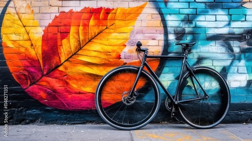 Black bicycle leaning against vibrant graffiti wall. photo