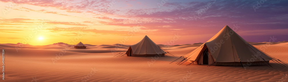 Desert tents at sunset with vibrant colors and serene atmosphere Desert tents at sunset with vibrant colors and serene atmosphere