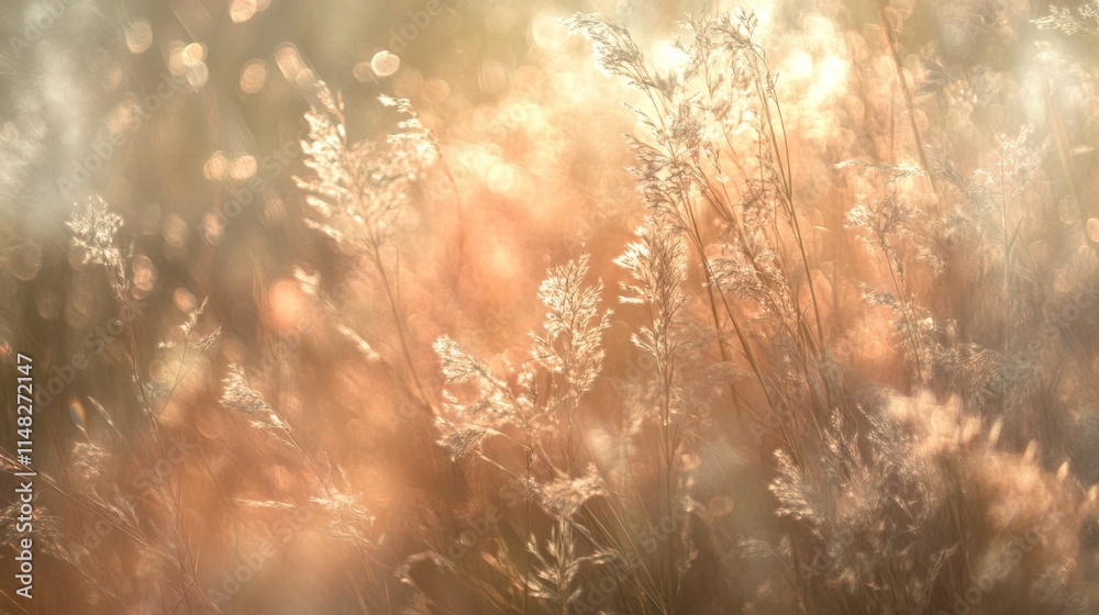 Golden light glimmers on meadow grasses nature scene soft focus tranquil environment warm colors serene concept Golden light glimmers on meadow grasses nature scene soft focus tranquil environment warm colors serene concept