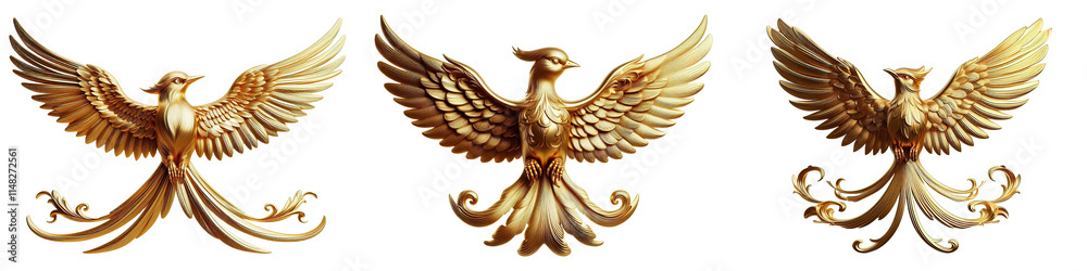 Obraz premium Golden Bird Emblem With Metallic Glossy Wings In High Resolution. Shiny golden bird emblem with metallic detailed wings in flying motion perfect for heraldic or decoration purposes