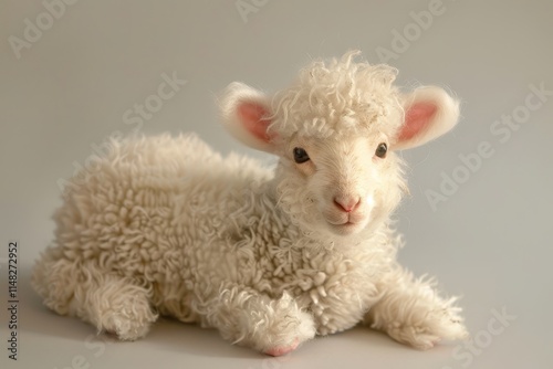 A baby sheep with a fluffy coat is laying down. It has a white face and is looking at the camera