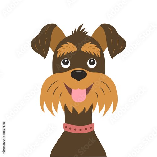 The dog's face is drawn in a flat style. Stylized character.
