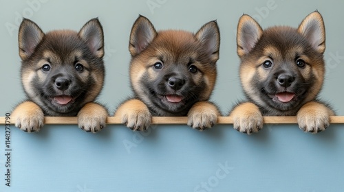 Happy Shiba Inu puppy with perky ears peeking cheekily from a blue banner, isolated on a pastel blue background capturing playful and joyful vibes photo