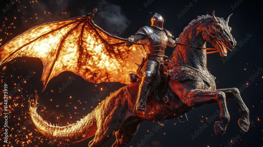 Obraz premium Knight on Fiery Dragon Horse: A Digital Painting of Fantasy Realm