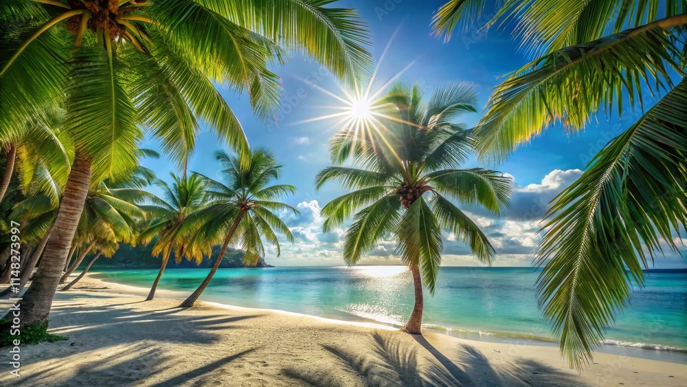 Fototapeta premium Palm Beach, Tropical Paradise, Summer Vacation, Ocean View, Luxury Resort, Sunny Beach, Relaxing Getaway, Coastal Scenery, Palm Trees, White Sand