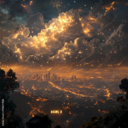 Celestial Cityscape: A breathtaking, digitally painted artwork depicting a futuristic city bathed in the warm glow of a starlit sky, clouds shimmering with ethereal light. photo