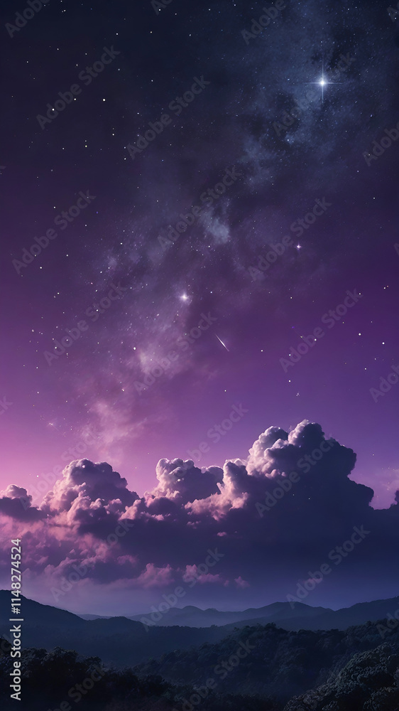 Fototapeta premium Purple gradient mystical moonlight sky with clouds and stars phone background wallpaper
