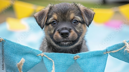 Funny portrait of a smiling Shiba Inu puppy peeking over a blue banner isolated on a pastel blue background radiating happiness and playfulness