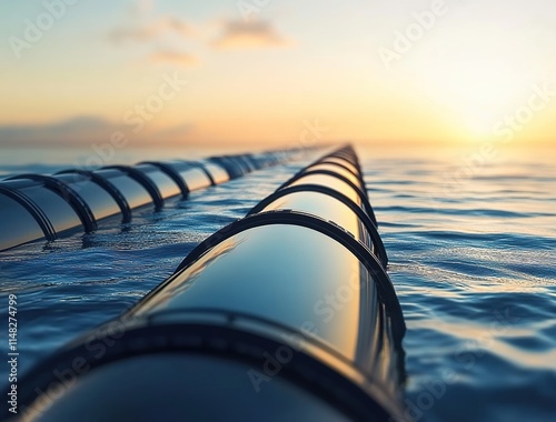 A photorealistic image of an energy storage system floating on the sea, made from steel pipes and glass panels, with ocean waves in motion around it. photo