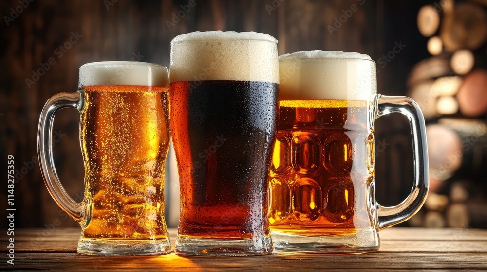 Four glassed of beer on wooden background