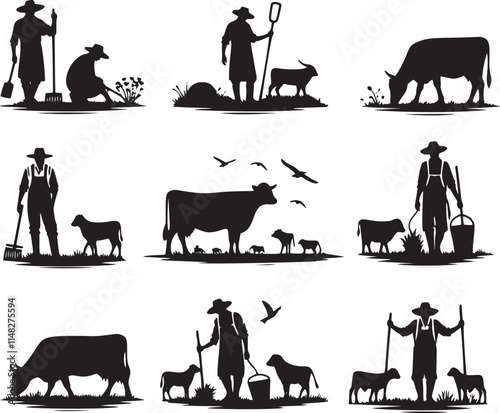 Farmers and livestock silhouettes.