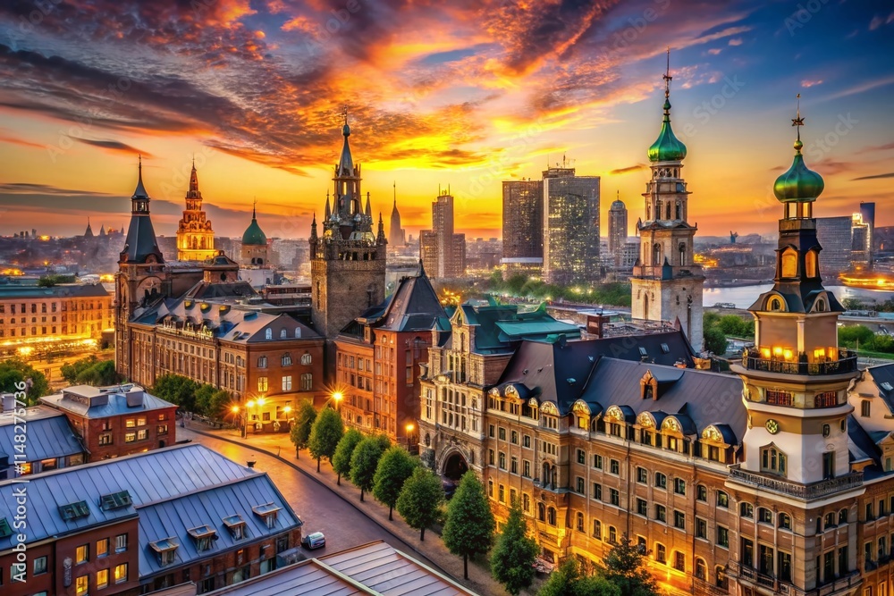 Naklejka premium Panoramic Border City Skyline, Urban Architecture, Cityscape Photography, Stunning Aerial View, Modern Buildings, Architectural Wonders