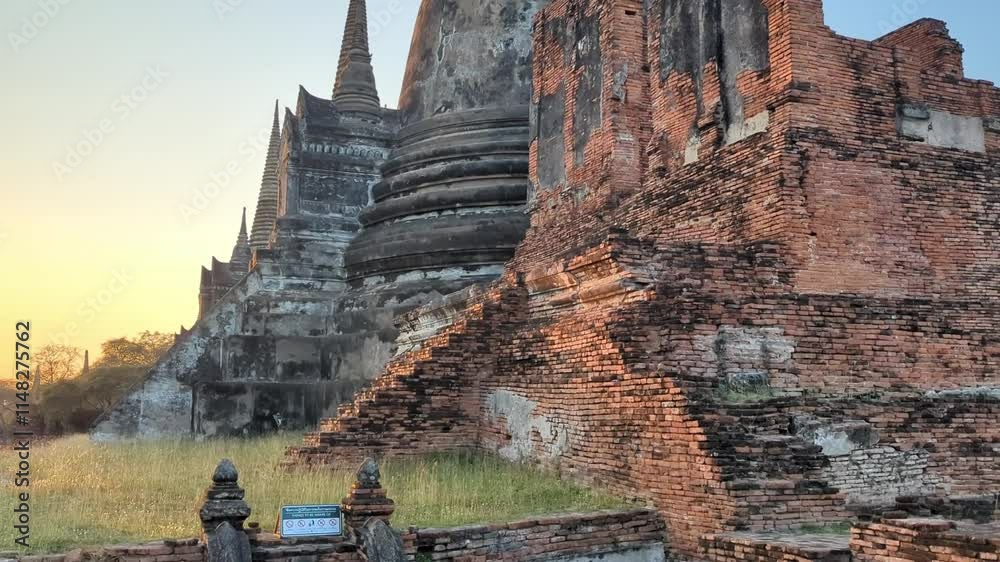 Sunset at Wat Phra Si Sanphet Temple, Ayutthaya, Thailand. The beautiful ancient,pointed chedi structures,standing on the site of the old Royal Palace, in Thailand's holiest  former capital.