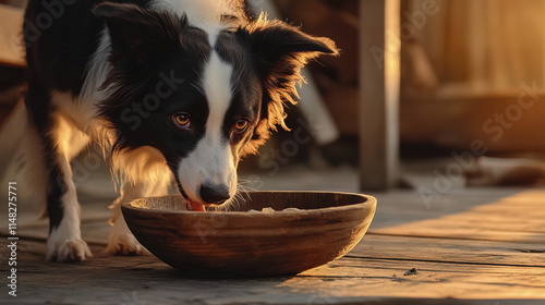 Border Collie mid bite enjoying food from rustic wooden bowl photo