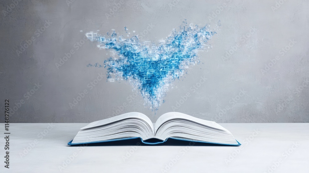 Naklejka premium Open book with blue abstract heart-shaped particles emanating from its pages against a gray background.