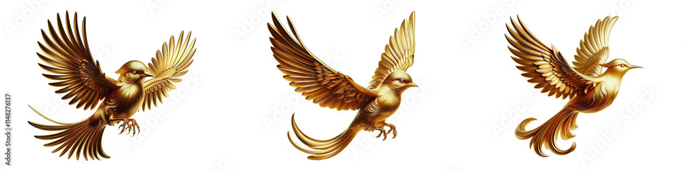 Obraz premium Metallic Golden Bird Trophy In Flight With Shiny Glossy Wings. High resolution golden bird in metallic finish with wings in flight detailed illustration
