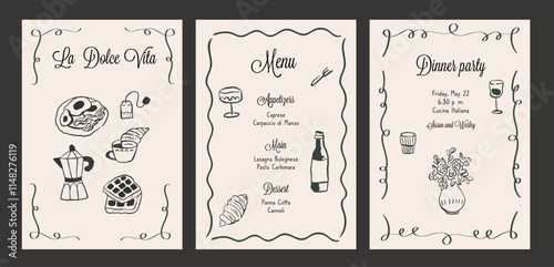 Elegant hand drawn vector menu template. Ink doodle food and meal in vintage style. Line art hand drawn party invitation.