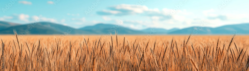 Obraz premium Golden wheat field under clear blue sky with distant mountains