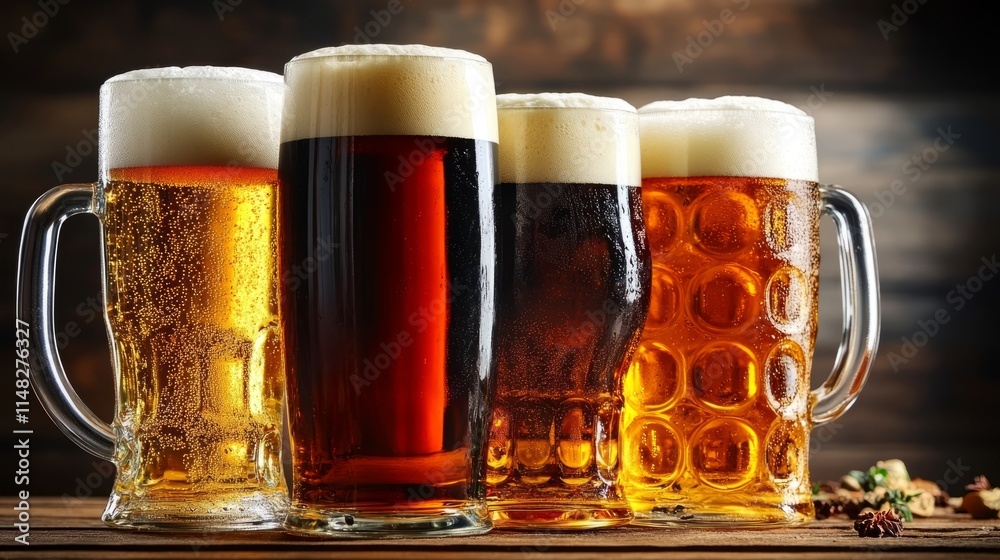 Four glassed of beer on wooden background Four glassed of beer on wooden background