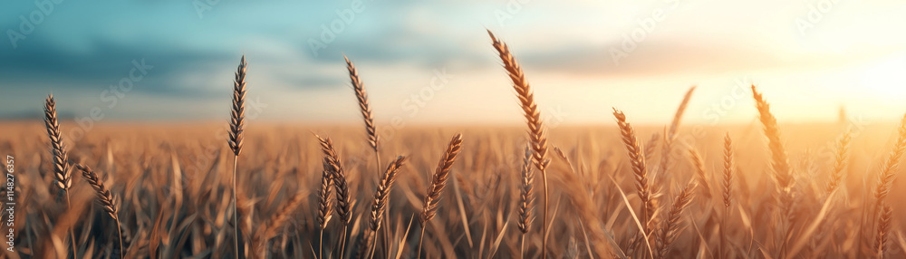 Golden wheat field at sunset, showcasing nature beauty and tranquility Golden wheat field at sunset, showcasing nature beauty and tranquility