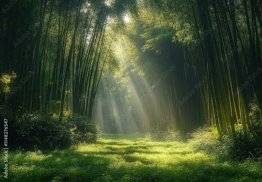 Fototapeta premium Beautiful bamboo forest in China, sunlight shining through the dense green leaves of tall trees