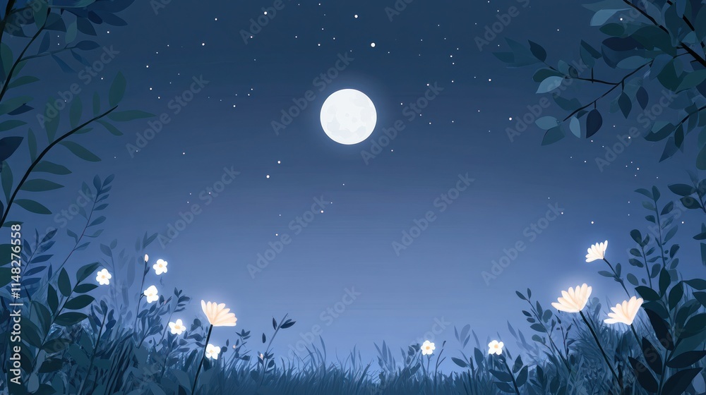 Naklejka premium Serene night scene with full moon, stars, and glowing wildflowers.