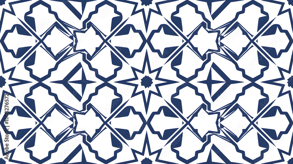 A white background with a symmetrical layout of a blue and white Arabic design pattern. A white background with a symmetrical layout of a blue and white Arabic design pattern.