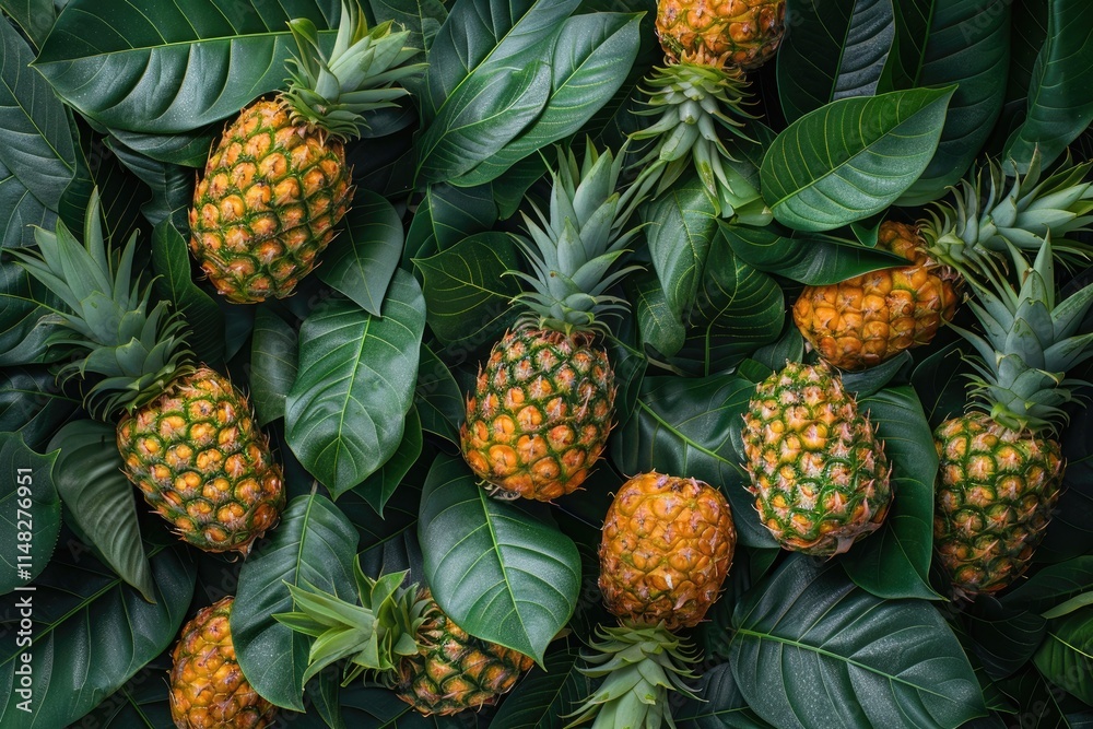 Tropical Pineapples Nestled Among Lush Green Leaves Tropical Pineapples Nestled Among Lush Green Leaves
