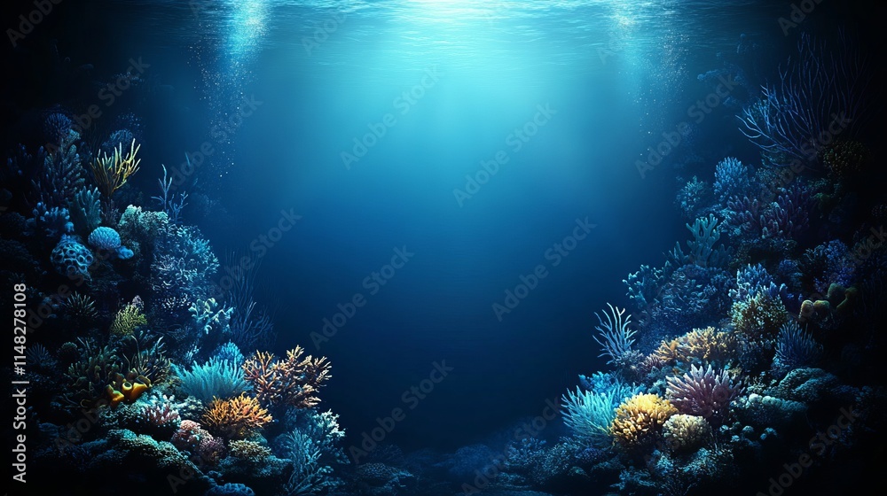Naklejka premium Underwater Coral Reef Scene with Sunlight Beams