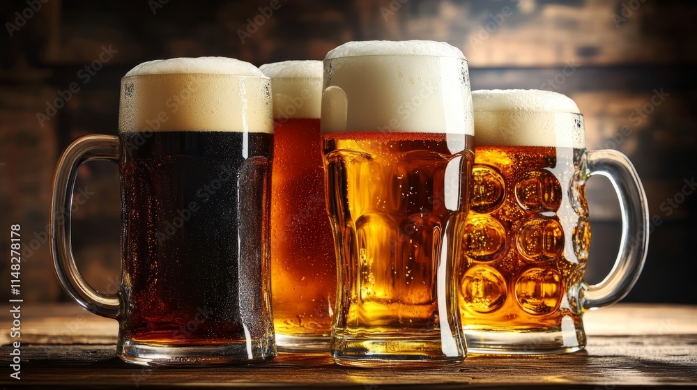 Four glassed of beer on wooden background Four glassed of beer on wooden background