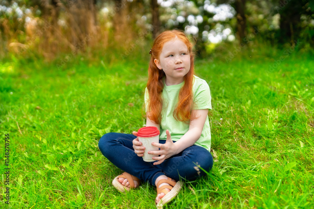 Fototapeta premium Young girl enjoying a warm drink while sitting on grass in a serene outdoor setting