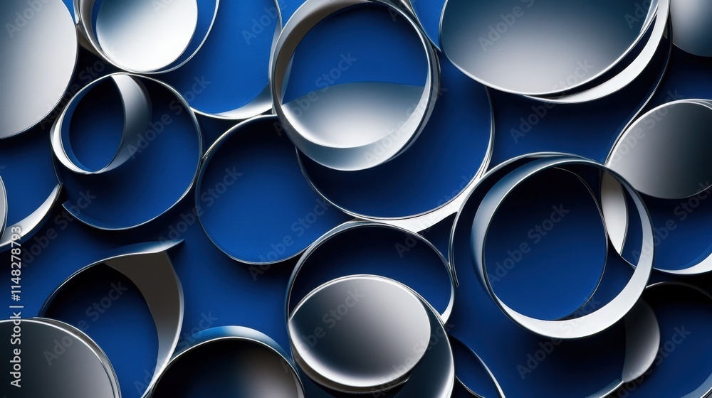 An abstract composition of silver circles and ovals arranged in a modern design against a deep blue backdrop 