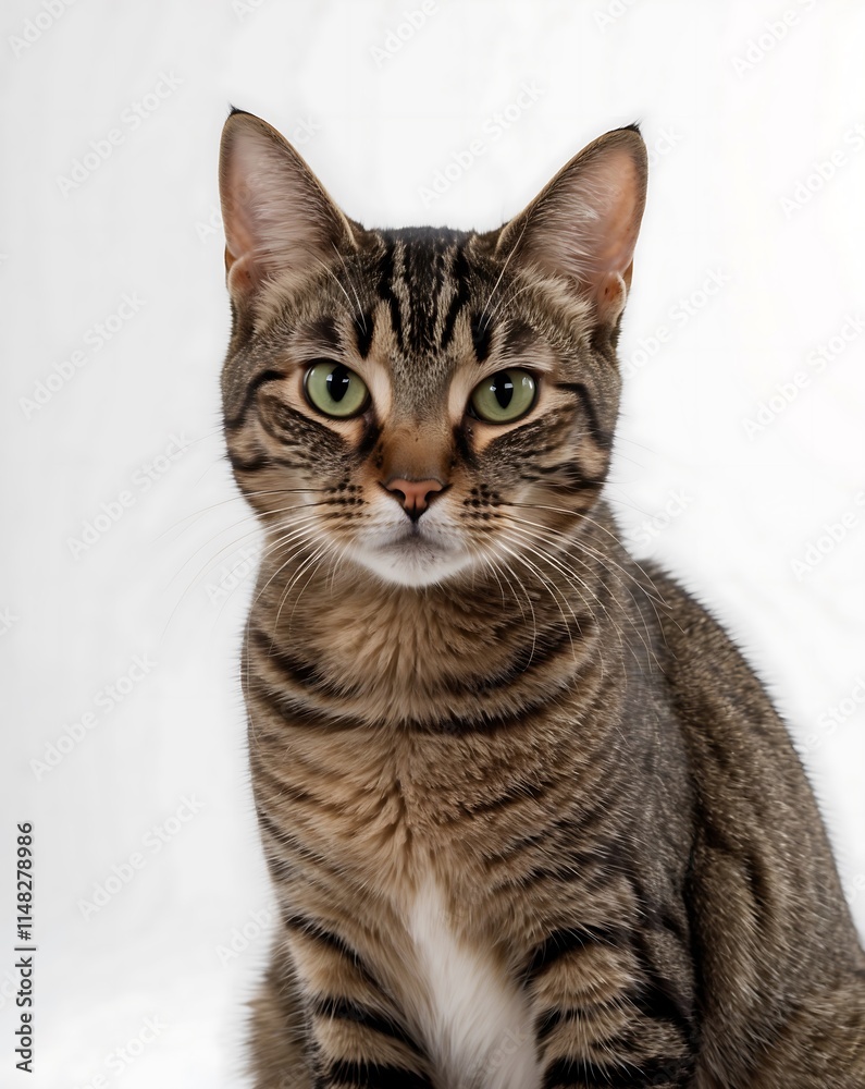 A Stunning Portrait of a Tabby Cat: Green Eyes and Striking Stripes Against a Pristine White Background A Stunning Portrait of a Tabby Cat: Green Eyes and Striking Stripes Against a Pristine White Background