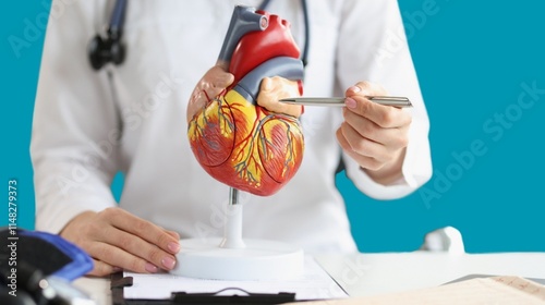 A doctor works at a desk in the hospital,discussing heart diseases such as coronary artery disease,arrhythmia,heart valve stenosis,heart failure congenital heart disease, emphasizing Coronary artery d