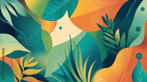 Vibrant and trendy flat design background in cartoon style, Features bold, vivid colors with a gradient palette (blue, green, teal and orange) and abstract geometric shapes