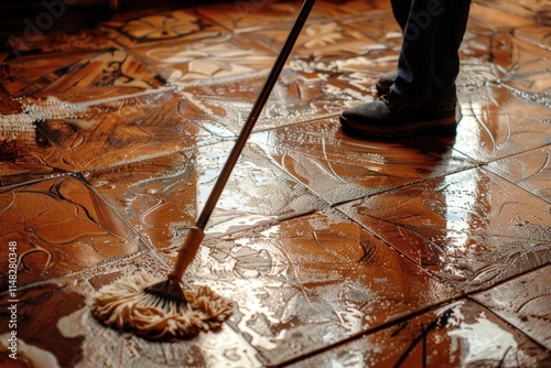 Cleaning action floor mopping home interior photography indoor close-up hygiene and maintenance concept photo