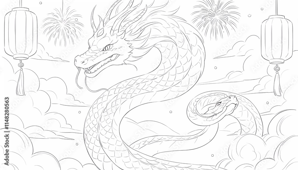 A powerful dragon with a serpentine body and fierce expression soars through a sky filled with lanterns and fireworks, symbolizing festivity and might