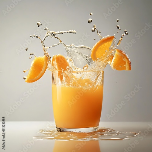 Verre de jus d'orange frais, avec une orange entière et une demi