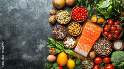 Top view of assorted fresh vegetables and greens photo