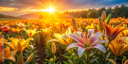 Panoramic Lily Field Photography: Stunning Floral Landscape Images, Breathtaking Lily Bloom Panorama, Majestic Lily Garden Scenery
