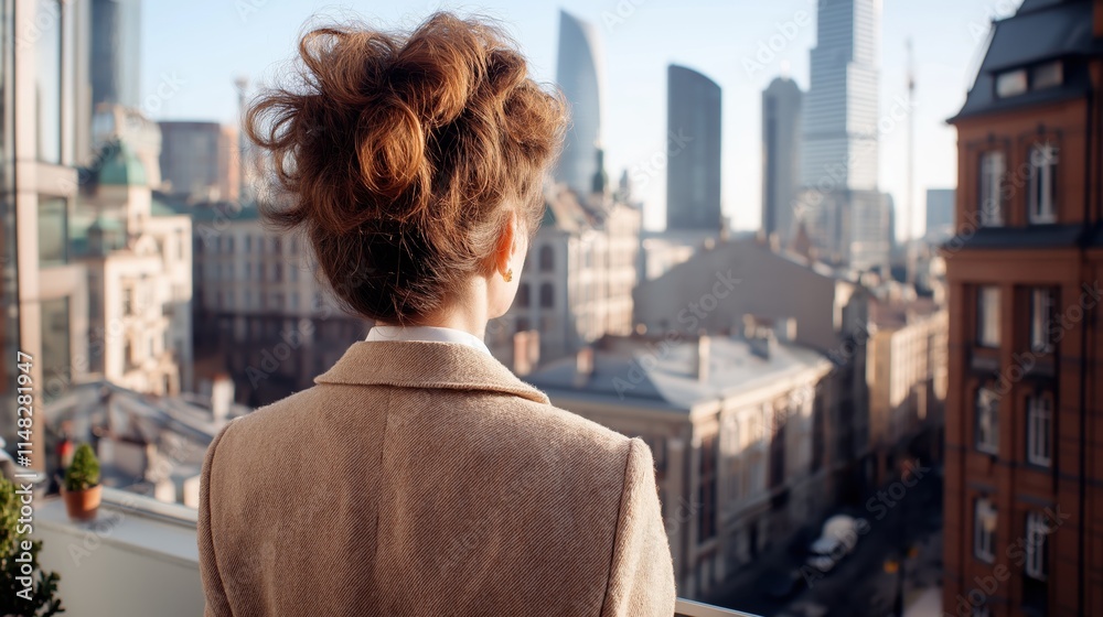 A Empowering Boss Women gazes at a city skyline from a balcony, showcasing urban life. A Empowering Boss Women gazes at a city skyline from a balcony, showcasing urban life.